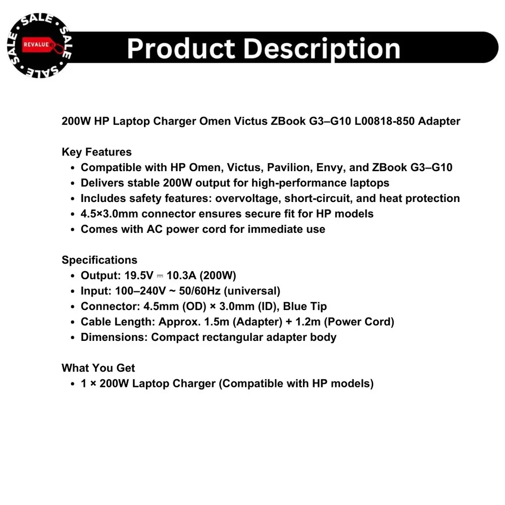 200W HP Laptop Charger Omen Victus ZBook‎ G3–G10 L00818-850 Adapter